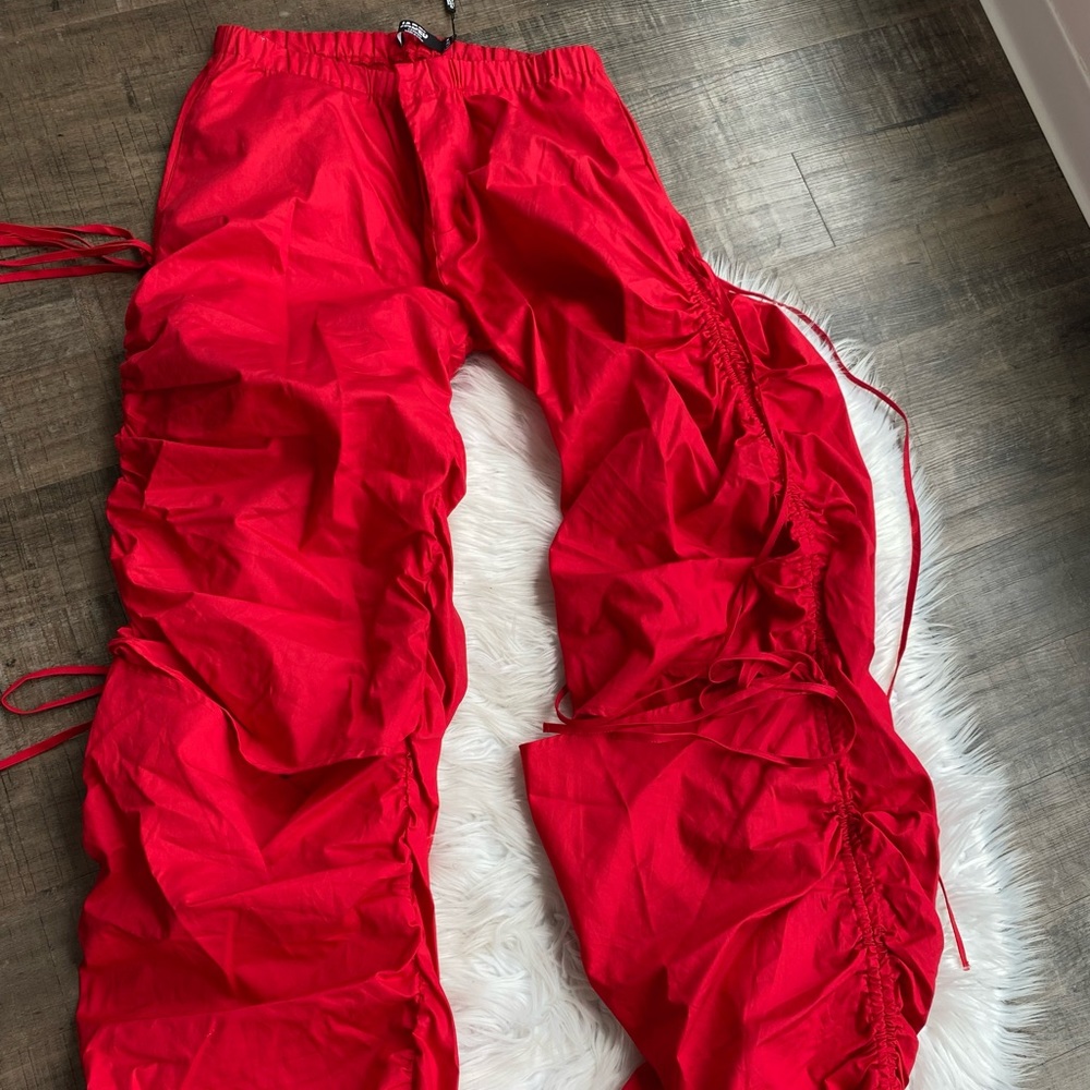 NWT JadedLondon Red Cotton Wide Leg Cargo Trouser With Cut Out, Ruched Detail